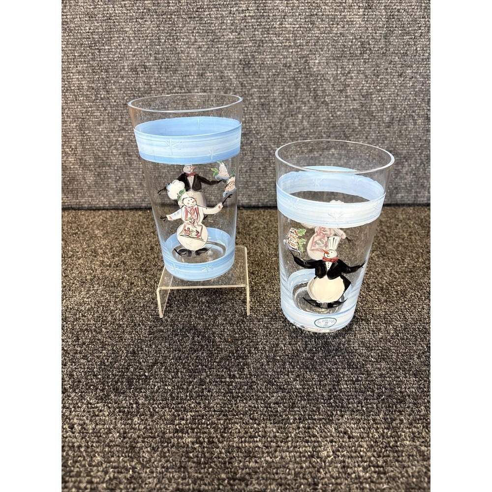 Le Petit Cafe Snowman Waiter Drinking Glasses Set of 2 Blue Snowflake 6 inch